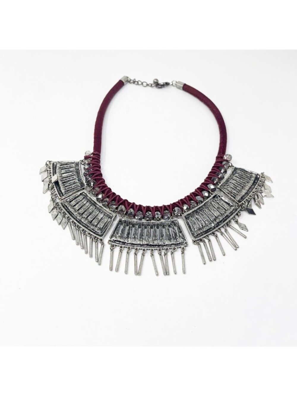Tribal Statement Bib Necklace Maroon Cord Silver Tone Fringe Metal Etched Boho - Picture 6 of 9